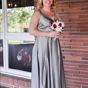 Floor length, silver colored, satin gown